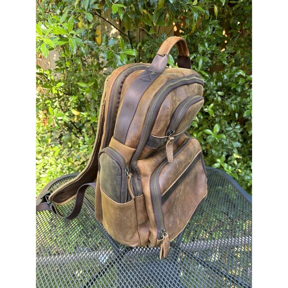 TIDING Full Grain Leather Backpack Travel Laptop Bag 15.6” Large Capacity Brown - Picture 3 of 16
